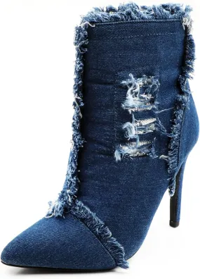 Women's Denim High Heeled Sandals Heels Closed Pointed Toe Heels Back Zip Stiletto Shoes