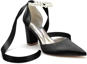 Women's High Chunky Closed Toe High Heels Block Heel Pearl Elegant Wedding Shoes Prom Evening Party Dress Pumps Shoes
