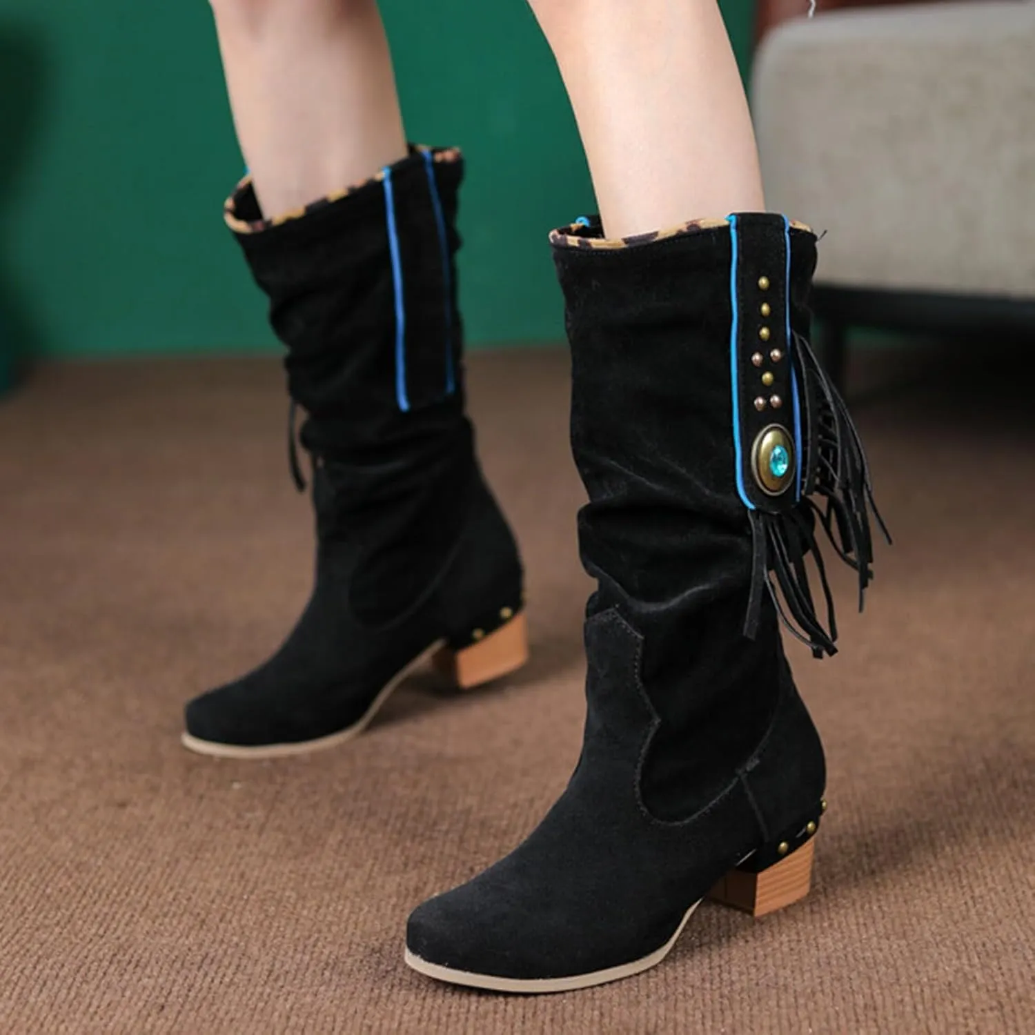 Womens Tall Boots Women's Mid-Calf Boots Tall Boots Woman Boots Women Faux Suede Chunky Heel Thigh High Boots