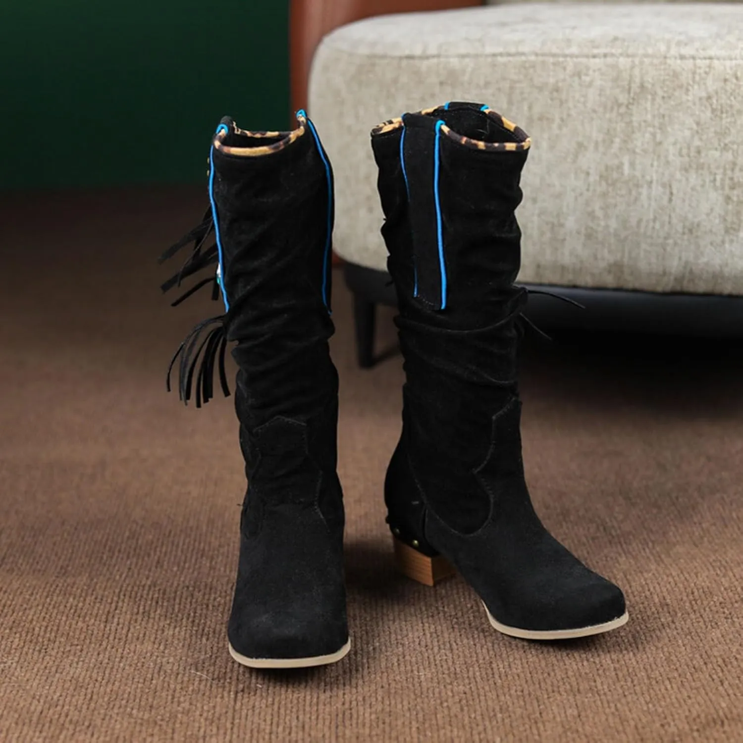 Womens Tall Boots Women's Mid-Calf Boots Tall Boots Woman Boots Women Faux Suede Chunky Heel Thigh High Boots