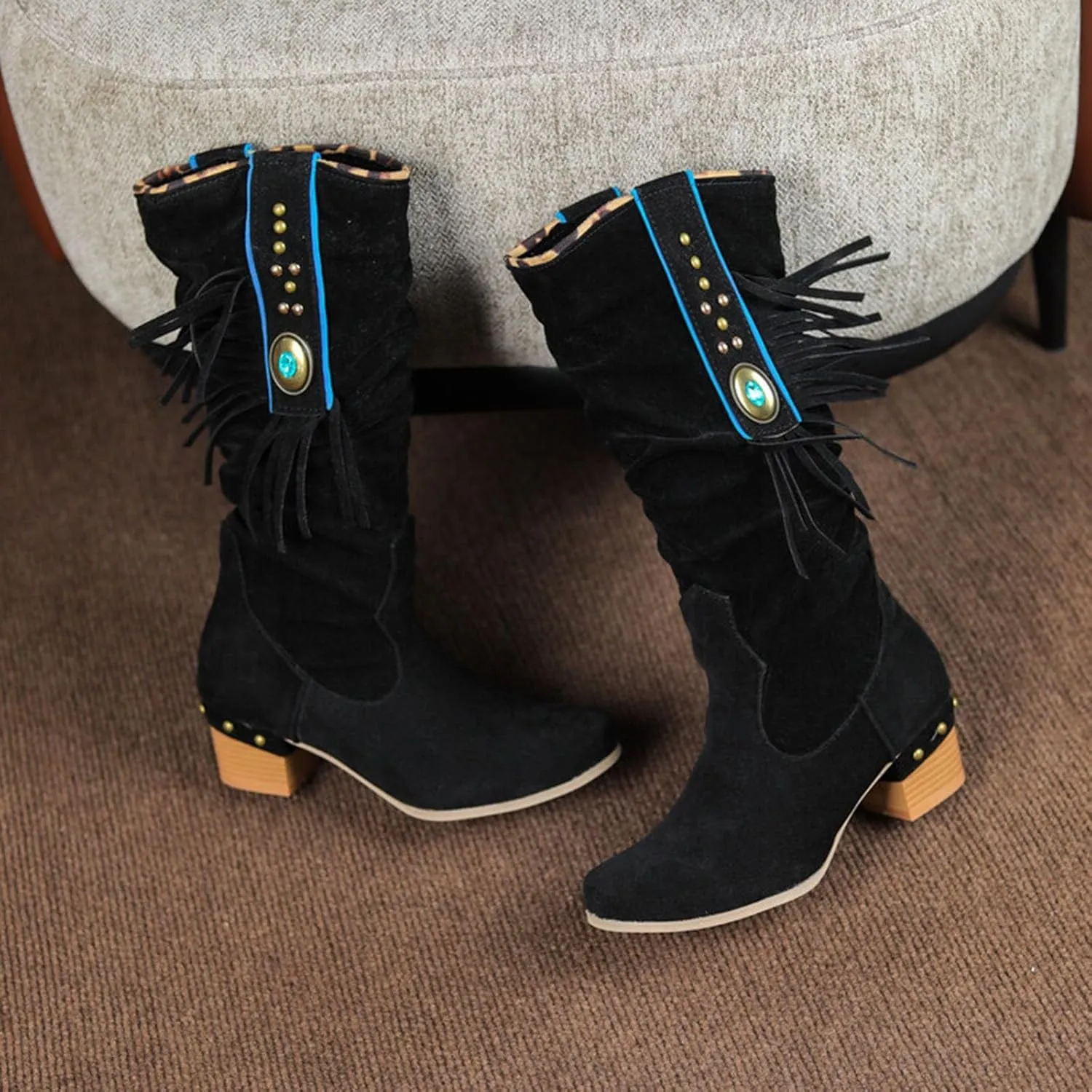 Womens Tall Boots Women's Mid-Calf Boots Tall Boots Woman Boots Women Faux Suede Chunky Heel Thigh High Boots