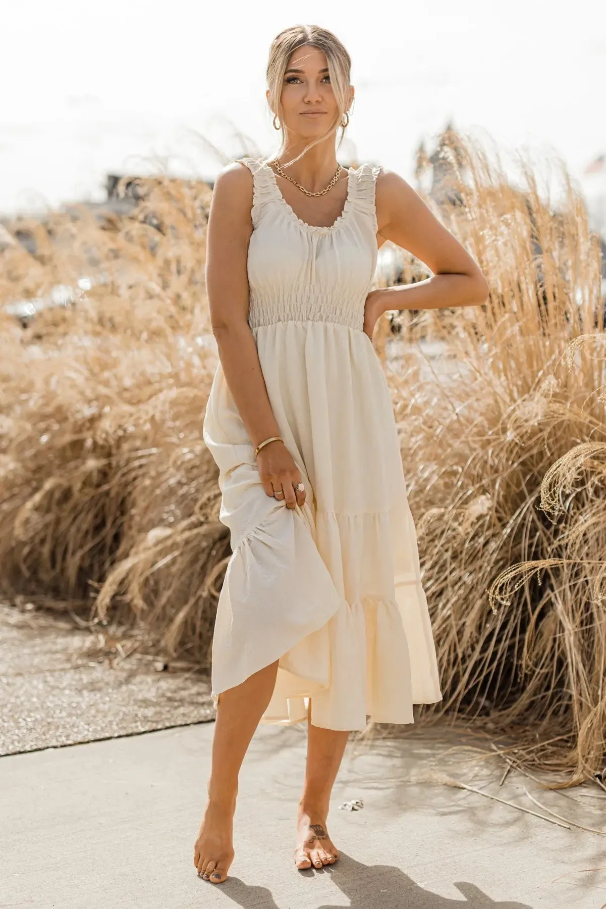 Zara Cream Smocked Waist Midi Dress - Final Sale