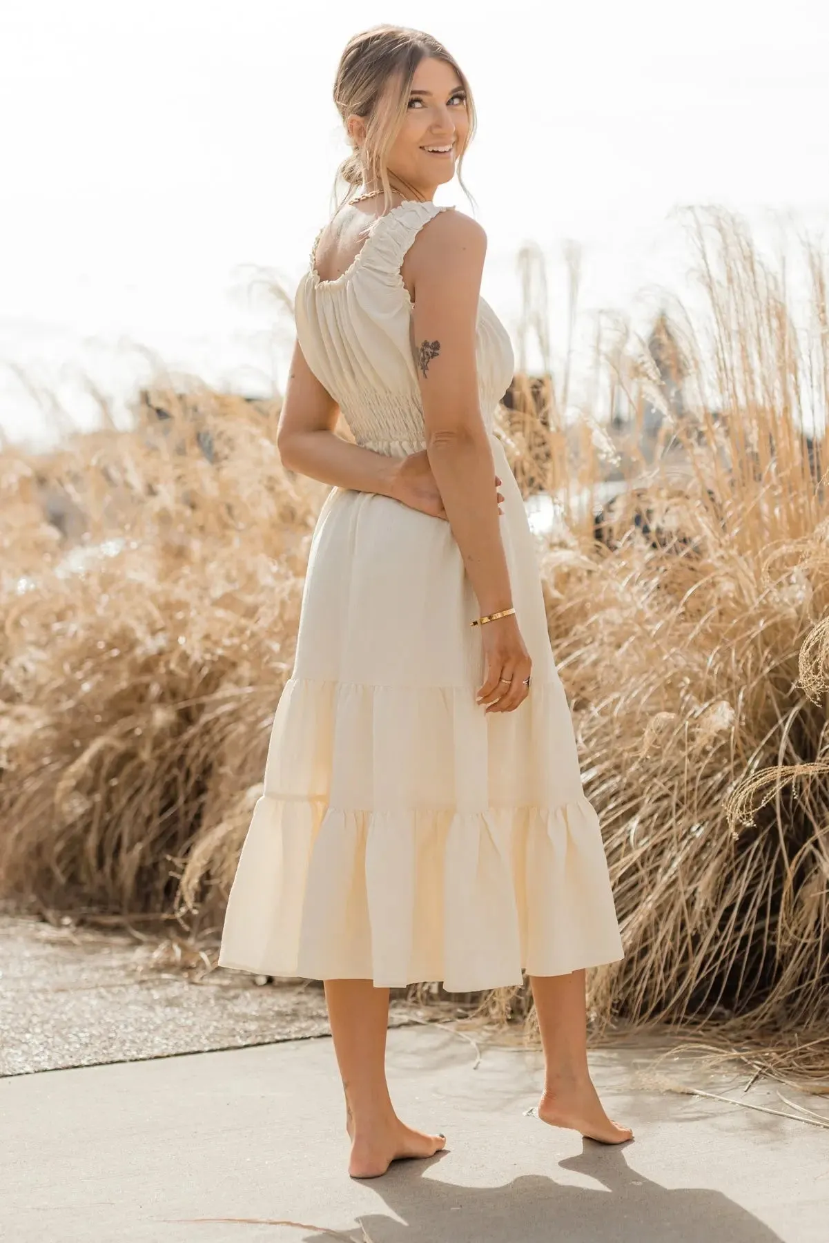 Zara Cream Smocked Waist Midi Dress - Final Sale