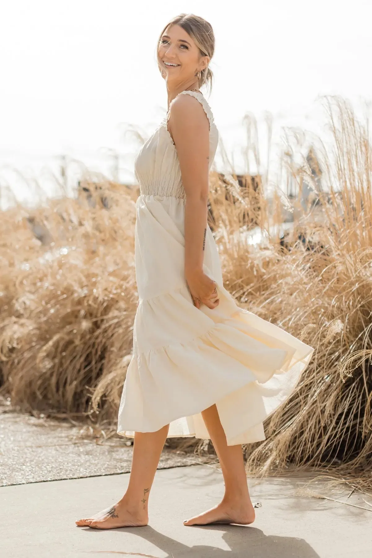 Zara Cream Smocked Waist Midi Dress - Final Sale
