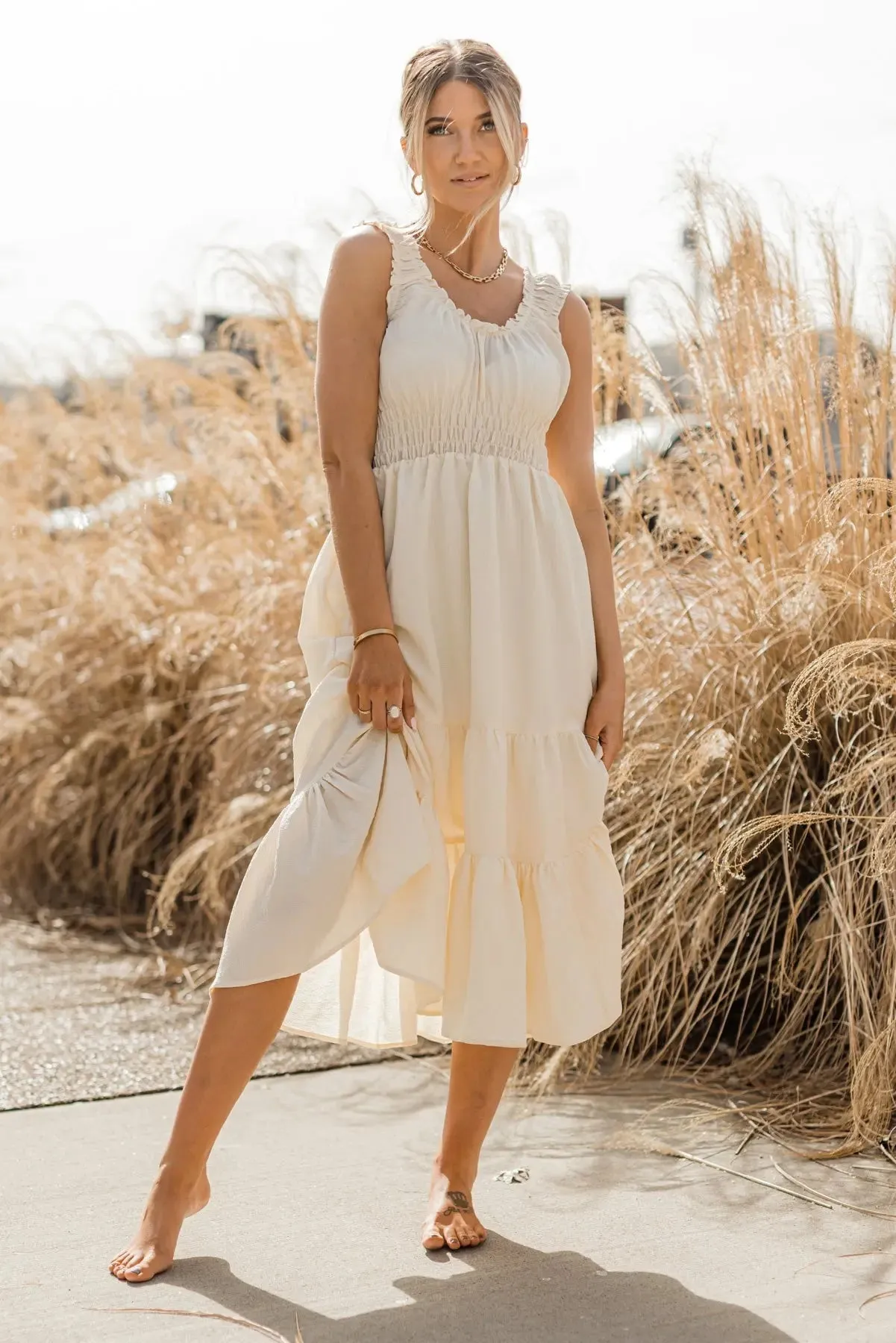 Zara Cream Smocked Waist Midi Dress - Final Sale