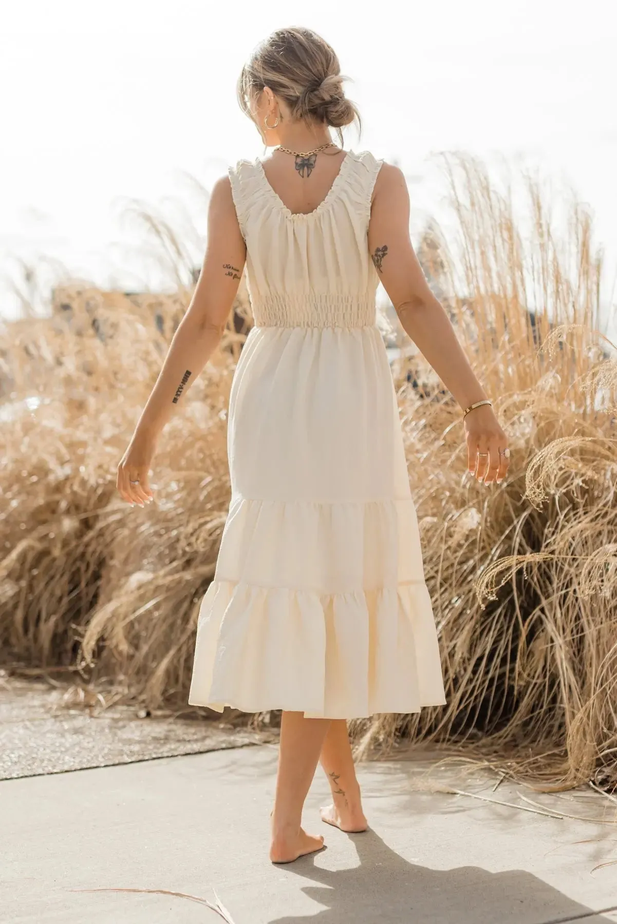 Zara Cream Smocked Waist Midi Dress - Final Sale