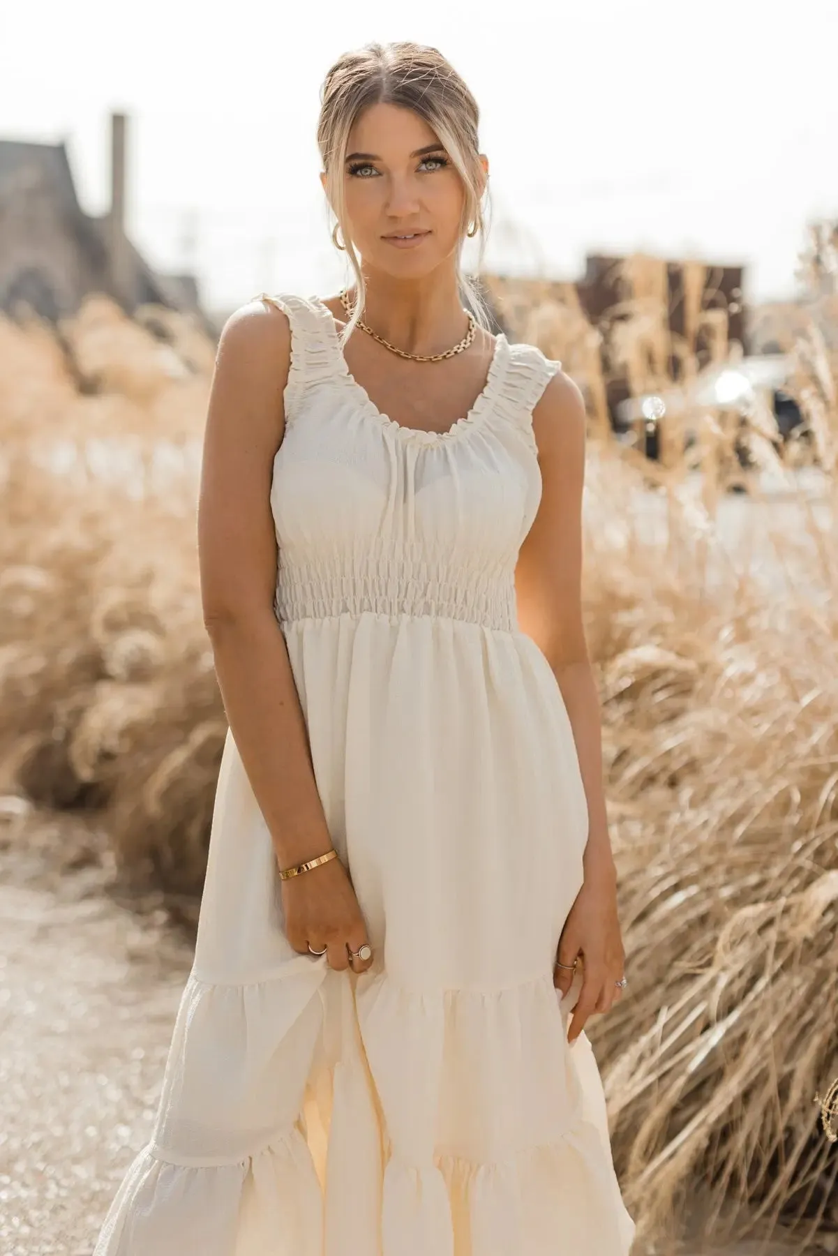 Zara Cream Smocked Waist Midi Dress - Final Sale