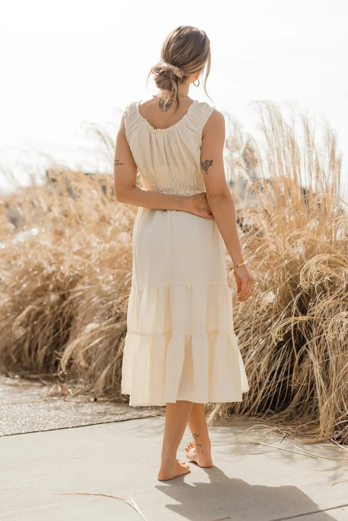 Zara Cream Smocked Waist Midi Dress - Final Sale