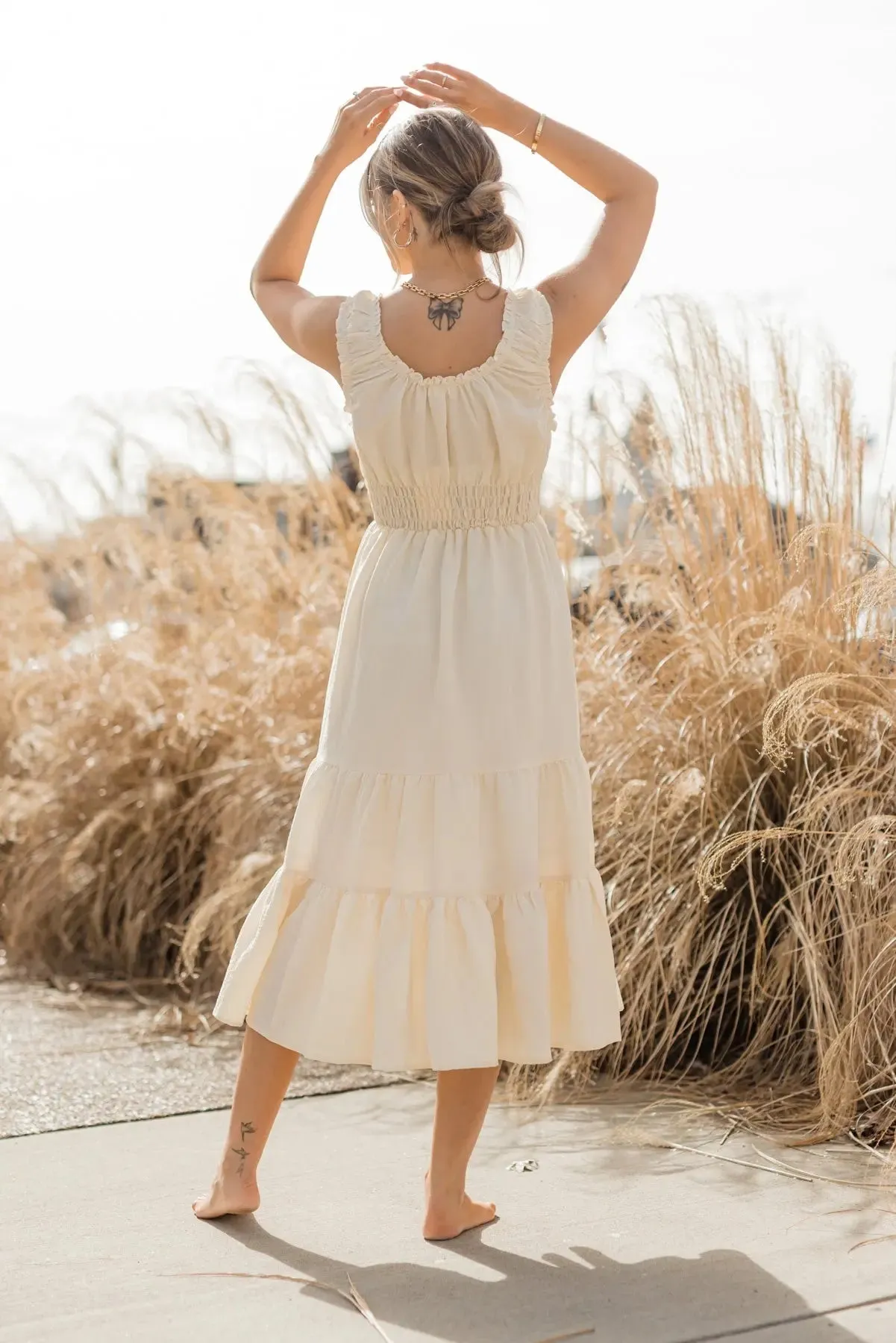 Zara Cream Smocked Waist Midi Dress - Final Sale