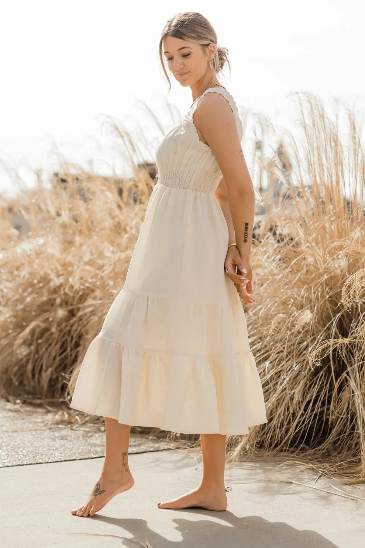 Zara Cream Smocked Waist Midi Dress - Final Sale