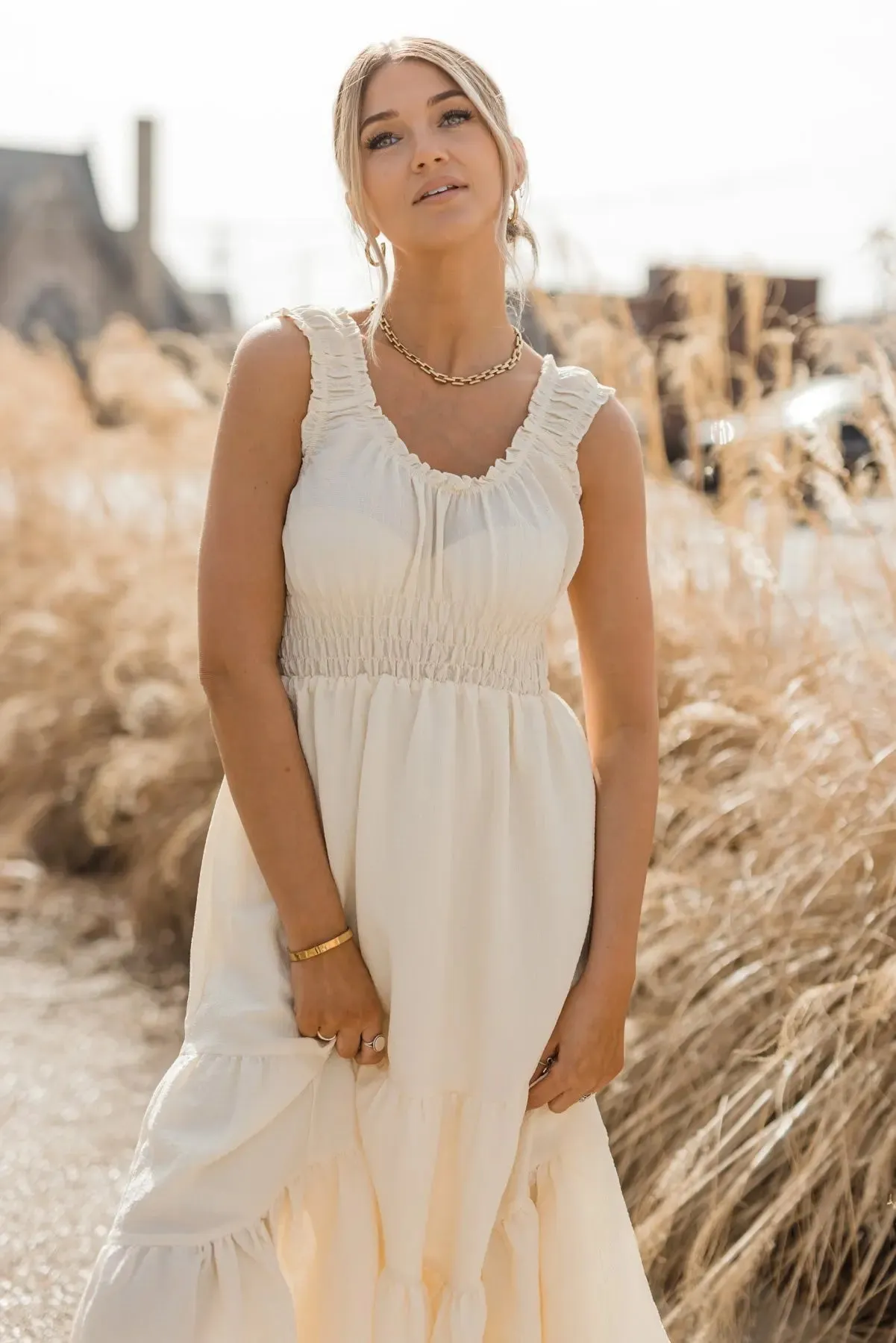 Zara Cream Smocked Waist Midi Dress - Final Sale