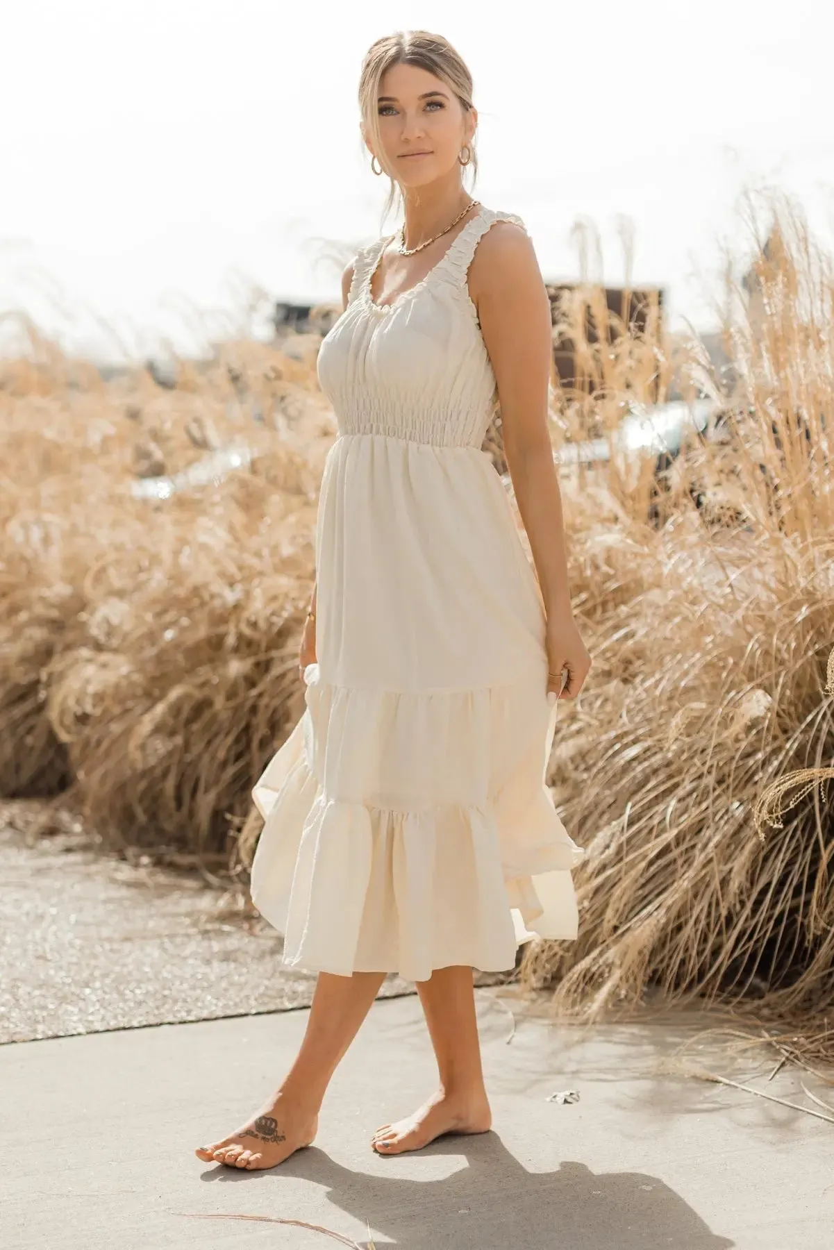Zara Cream Smocked Waist Midi Dress - Final Sale