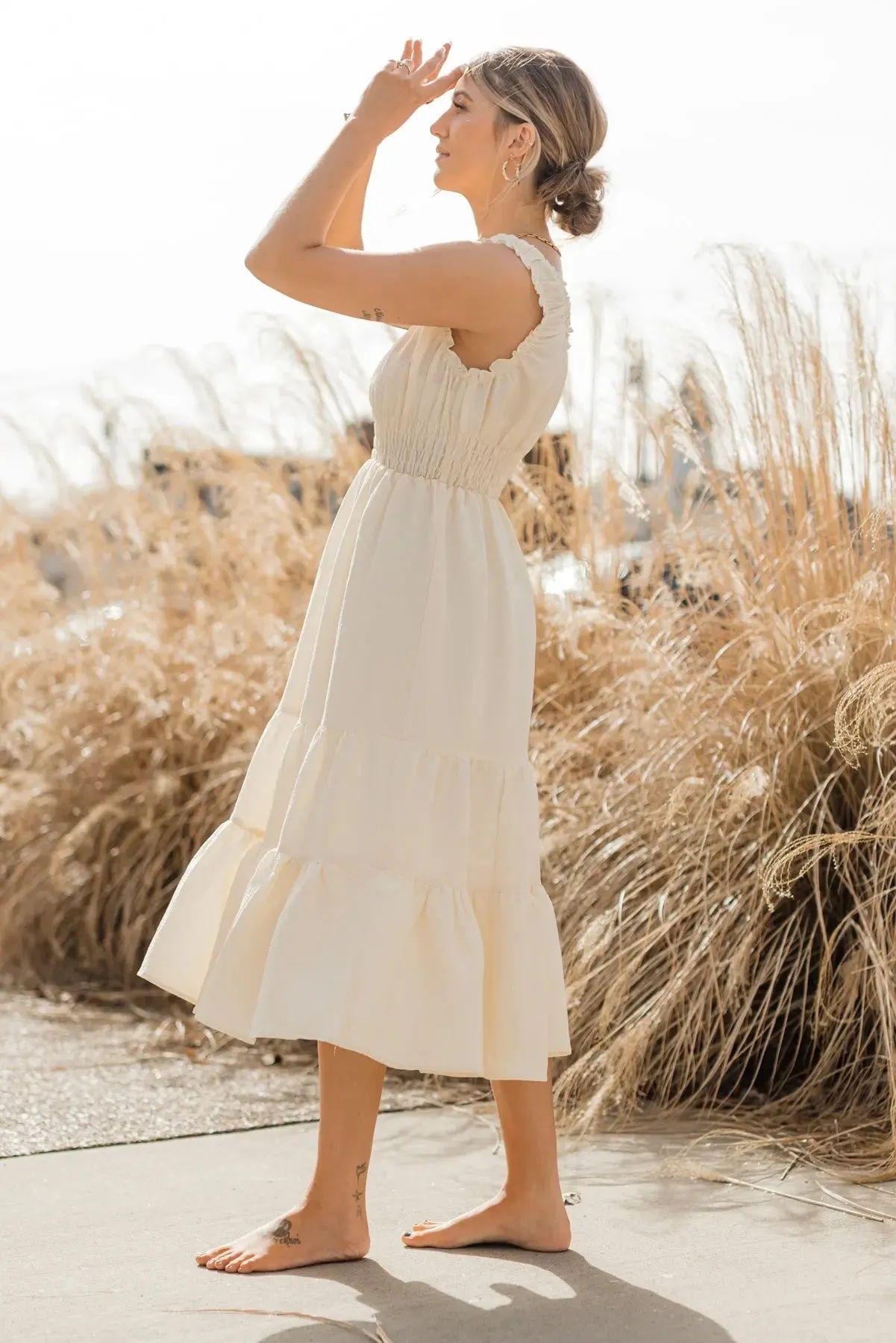 Zara Cream Smocked Waist Midi Dress - Final Sale