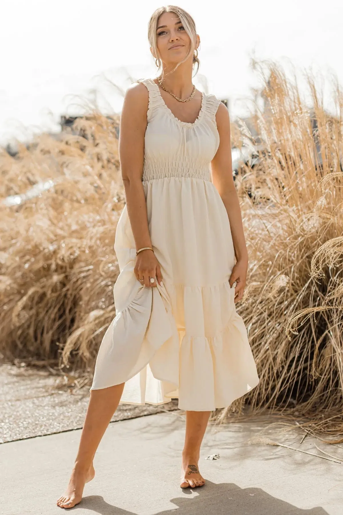 Zara Cream Smocked Waist Midi Dress - Final Sale