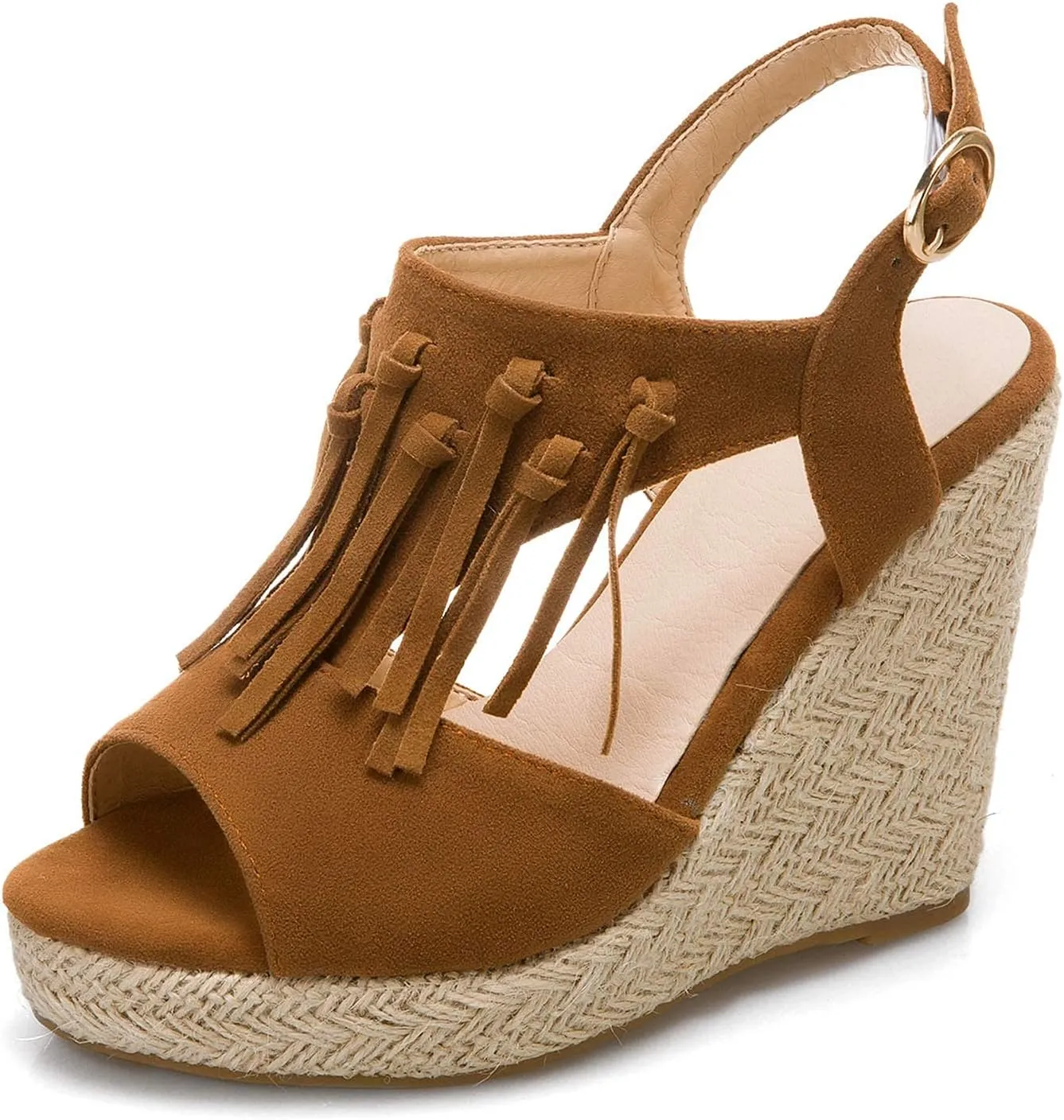 ZBYY Women's Espadrille Platform Wedges Sandals, Summer Tassel Open Toe Ankle Strap Buckle Wedge Sandals Roman Shoes