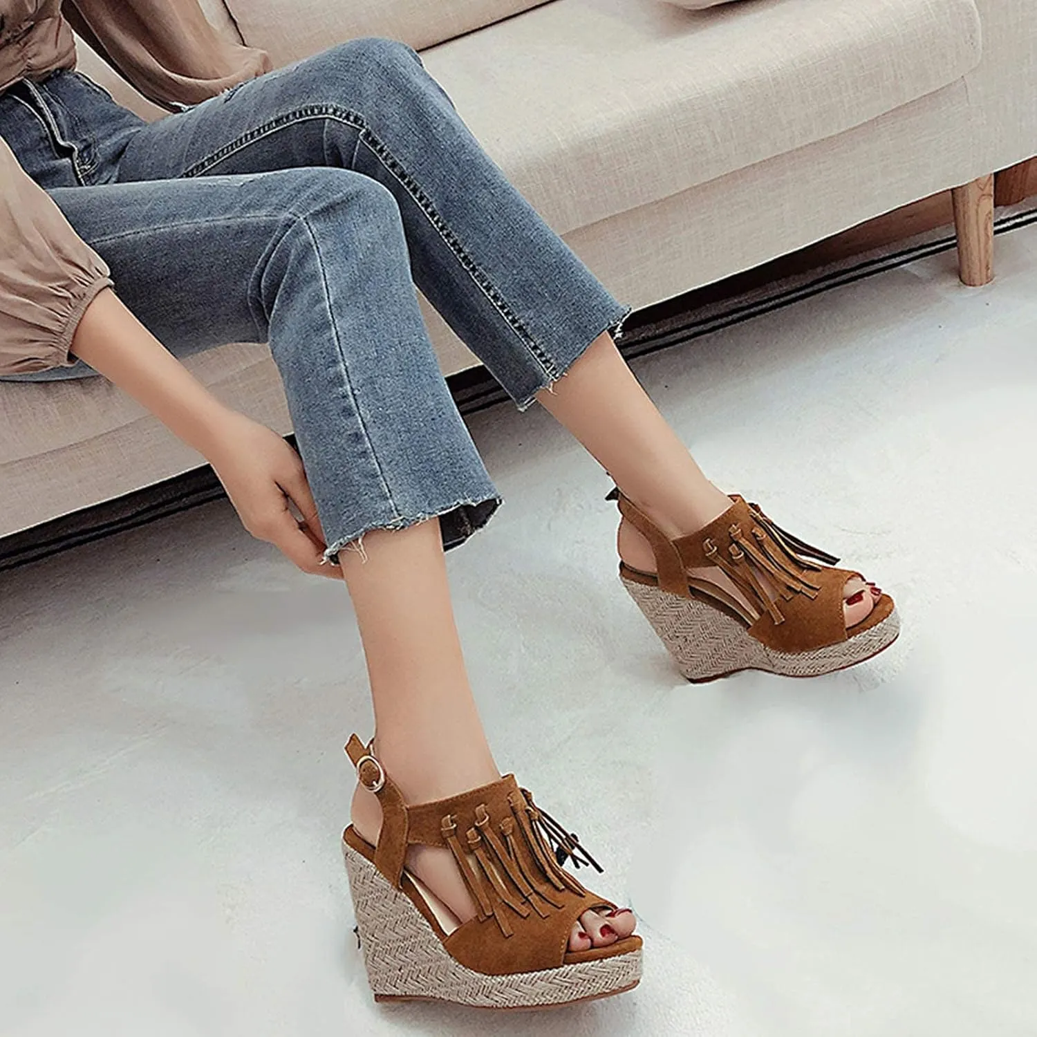 ZBYY Women's Espadrille Platform Wedges Sandals, Summer Tassel Open Toe Ankle Strap Buckle Wedge Sandals Roman Shoes