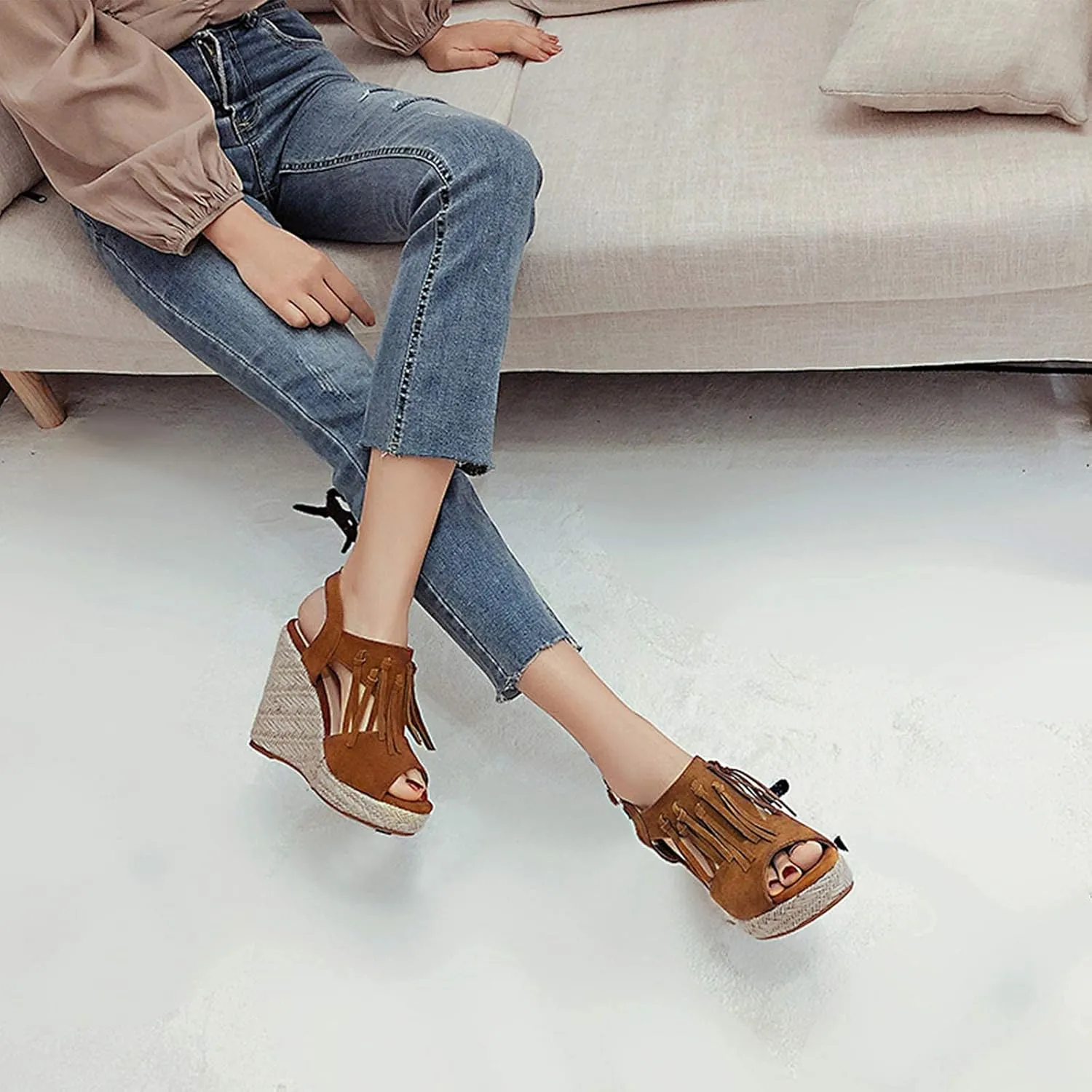 ZBYY Women's Espadrille Platform Wedges Sandals, Summer Tassel Open Toe Ankle Strap Buckle Wedge Sandals Roman Shoes
